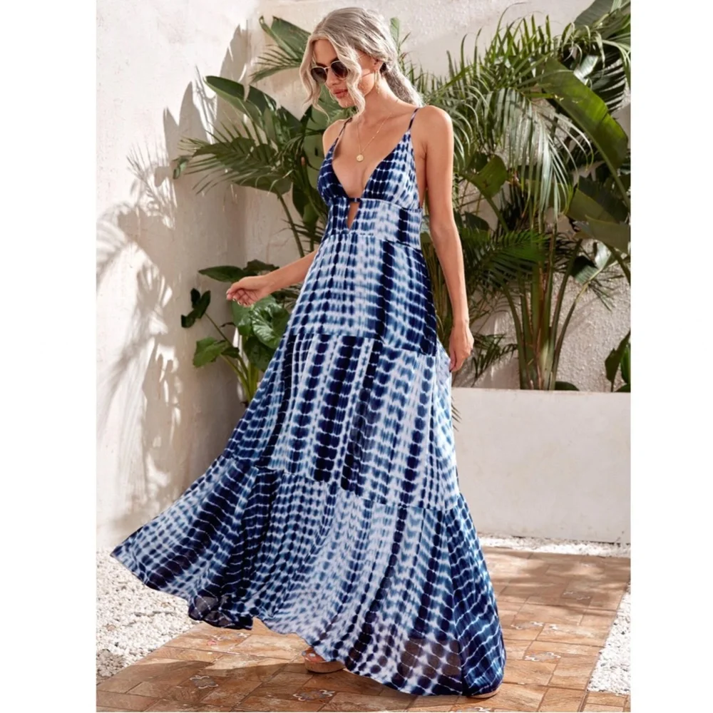 Tie Dye Blue White V-Neck Maxi Flared Dress - Picture 3 of 6